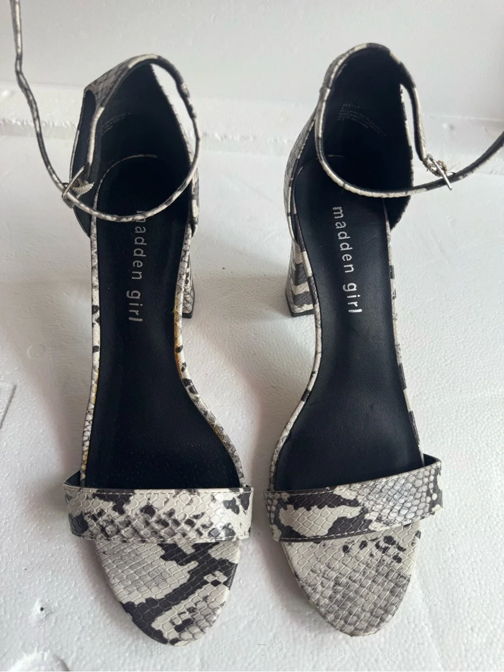 Madden Girl Snake-Print Ankle Strap Block Heels - White/Black